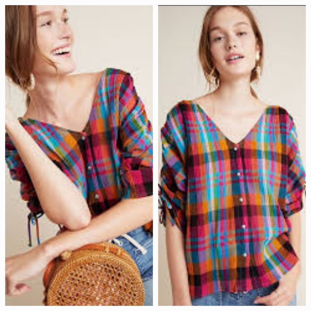 Anthropologie Bright Multicolor Plaid Tie-Sleeve Button Blouse